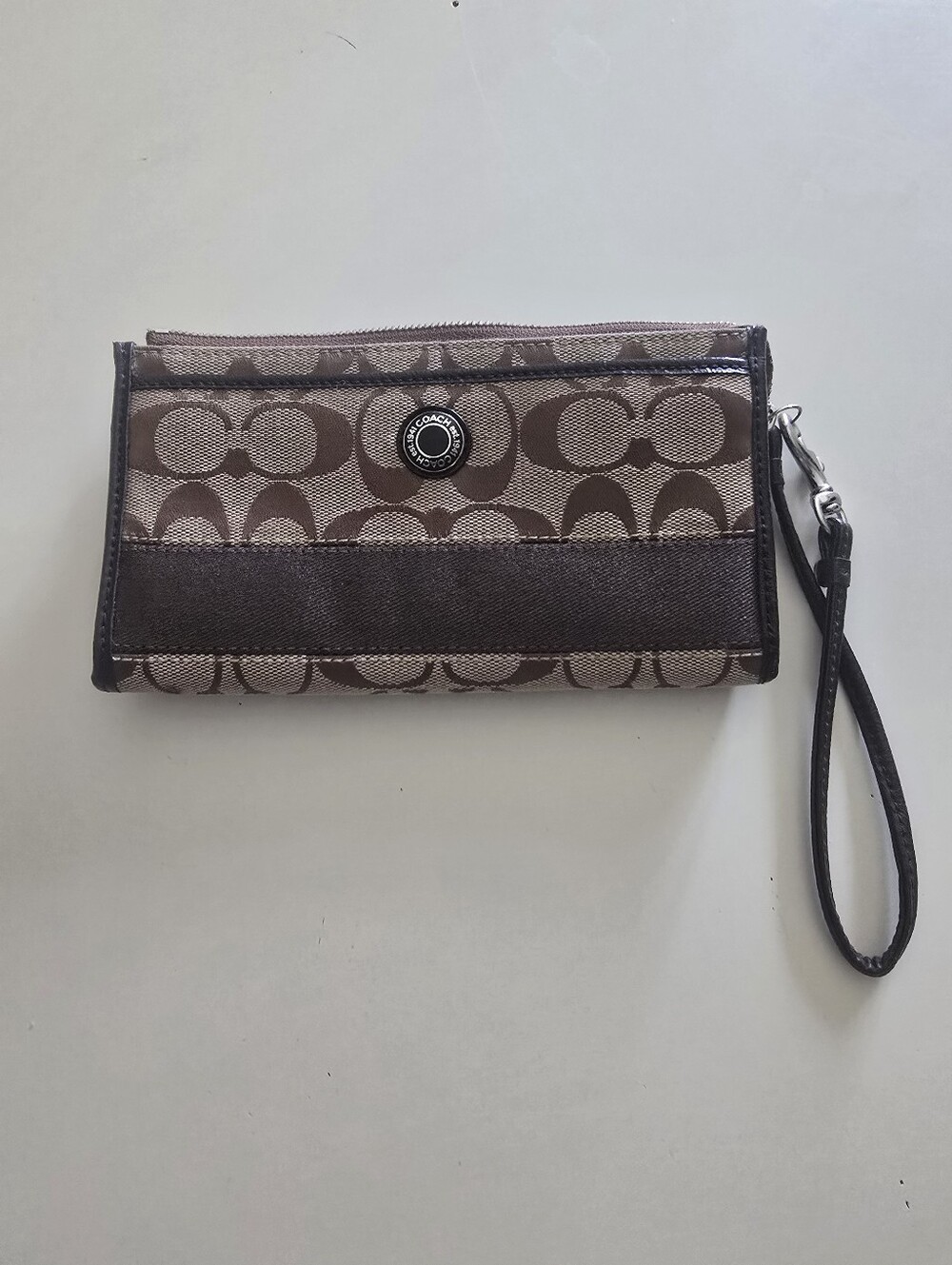 Coach Brown Signature Canvas Wristlet with Dark Trim